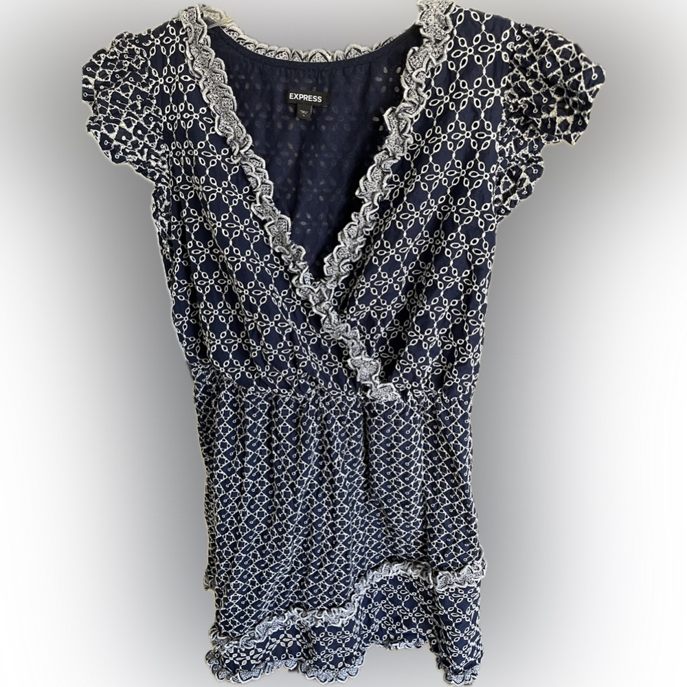 Express Blue Eyelet Faux Wrap Mini Dress Size L